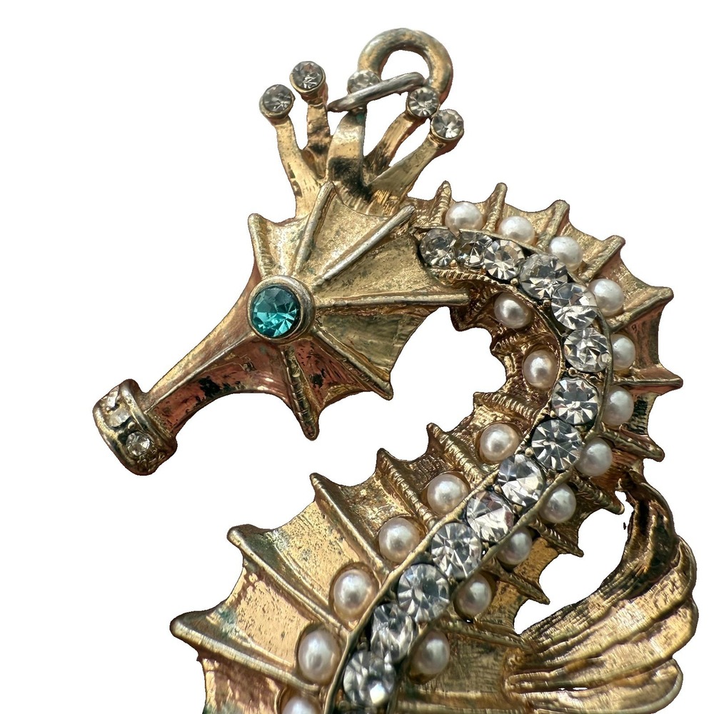 Vintage Seahorse Pendant Gold Hattie Carnegie Pearl Beads Blue Rhinestone MCM - Picture 3 of 9